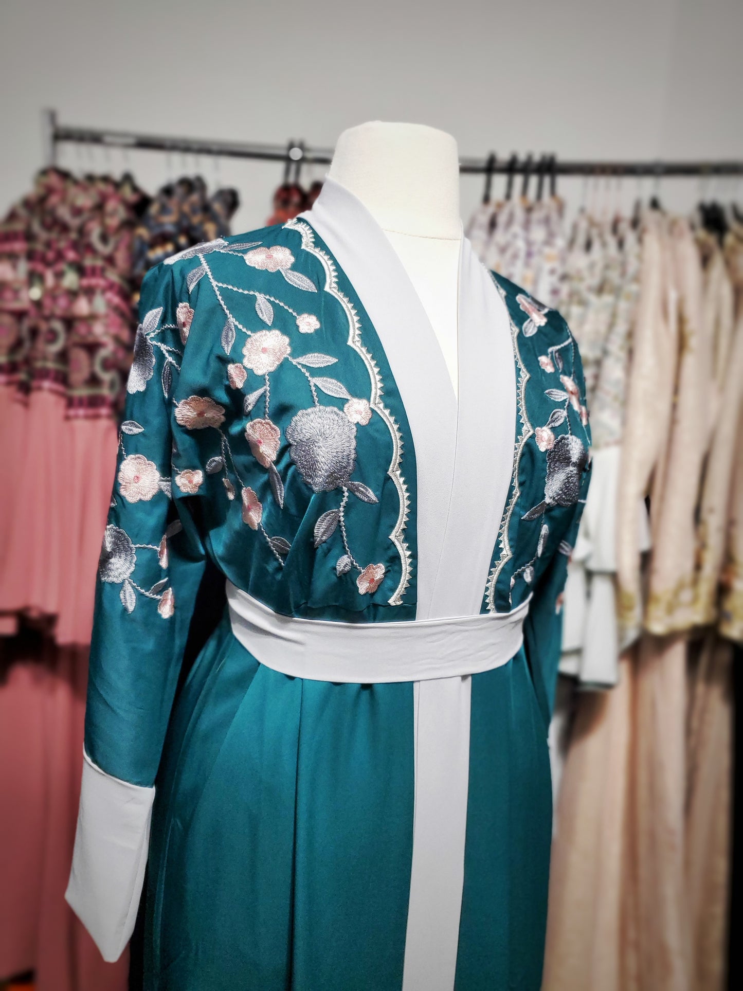 Floral Embroidered Open Kimono Abaya - Teal