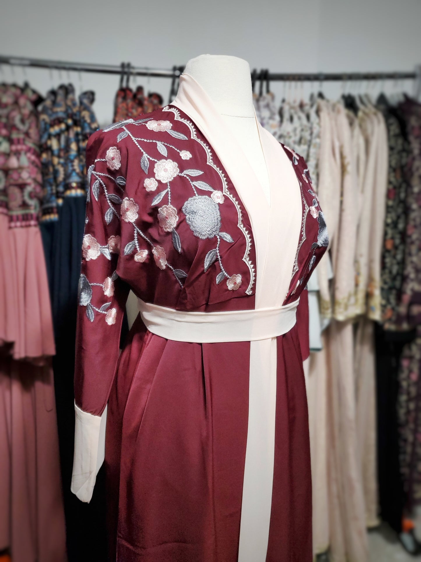 Floral Embroidered Open Kimono Abaya - Maroon