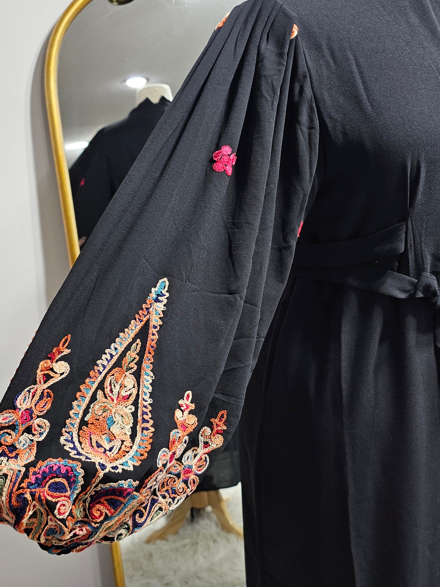 Embroidered Lantern Sleeves Black Dress