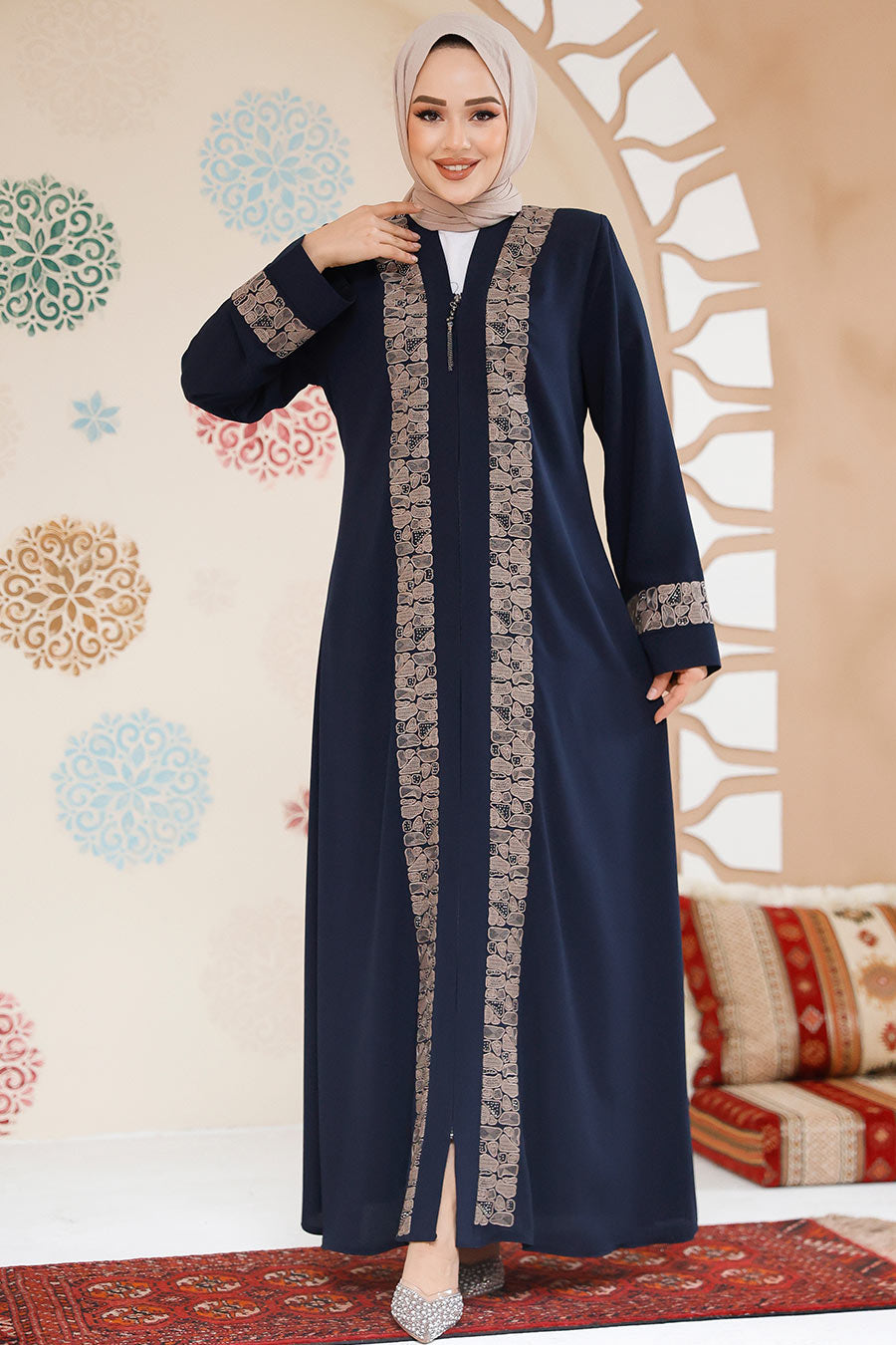 Lace Overlay Abaya - Navy Blue