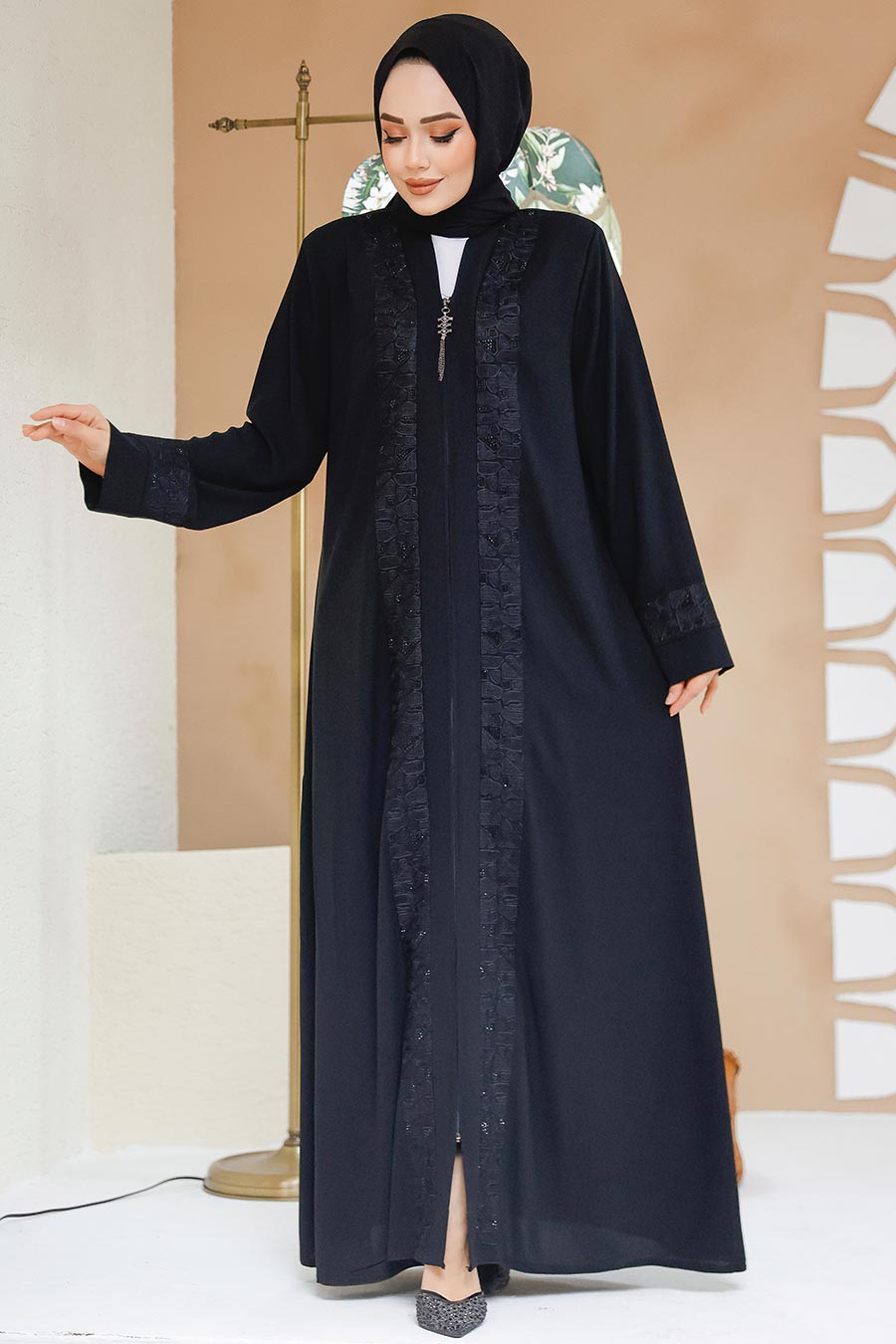 Lace Overlay Abaya - Black