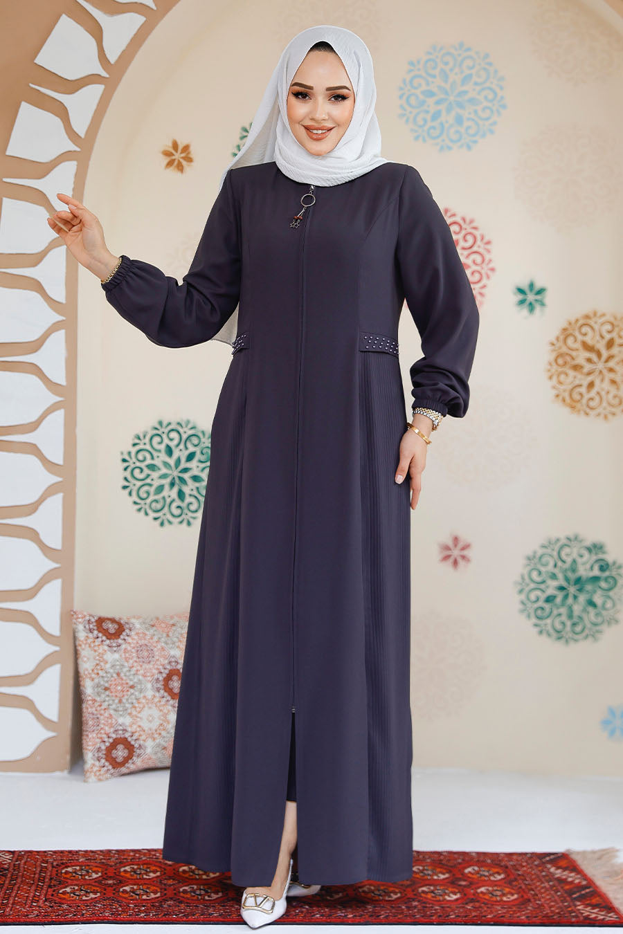 Side Pleated Abaya - Gray