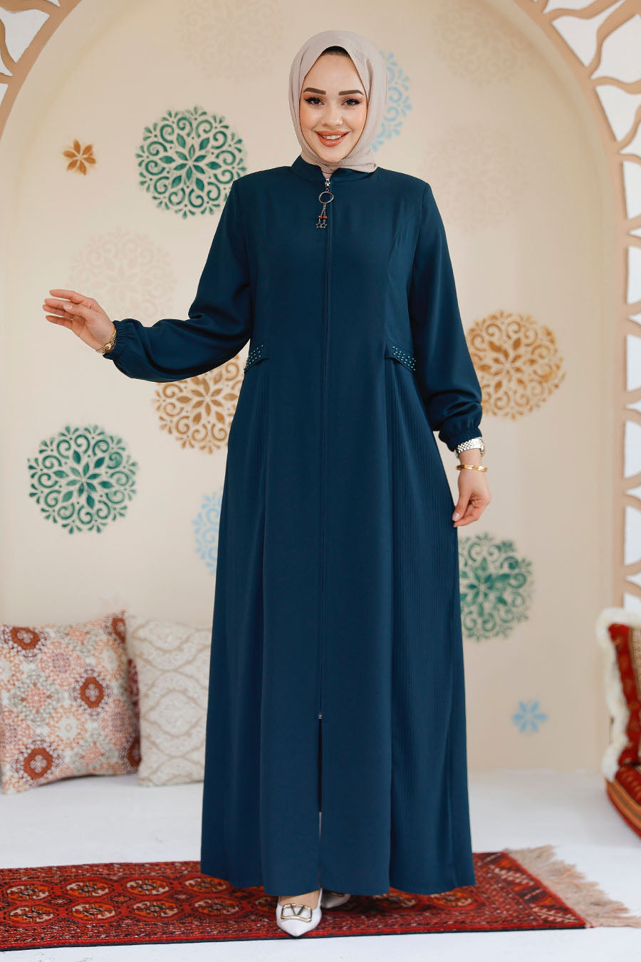 Side Pleated Abaya - Teal
