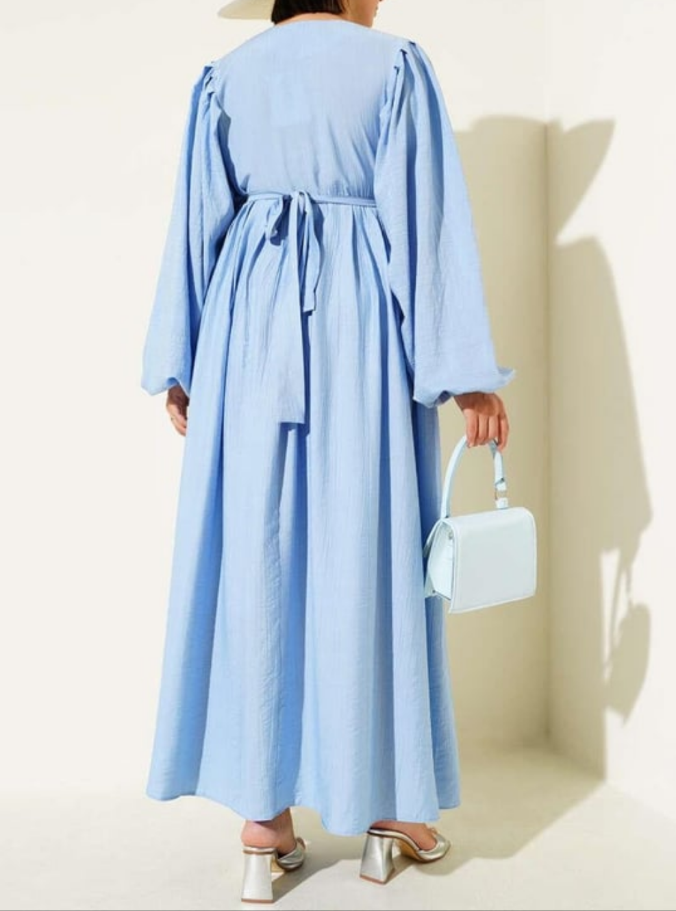 Gathered Lantern Sleeve Dress - Sky Blue