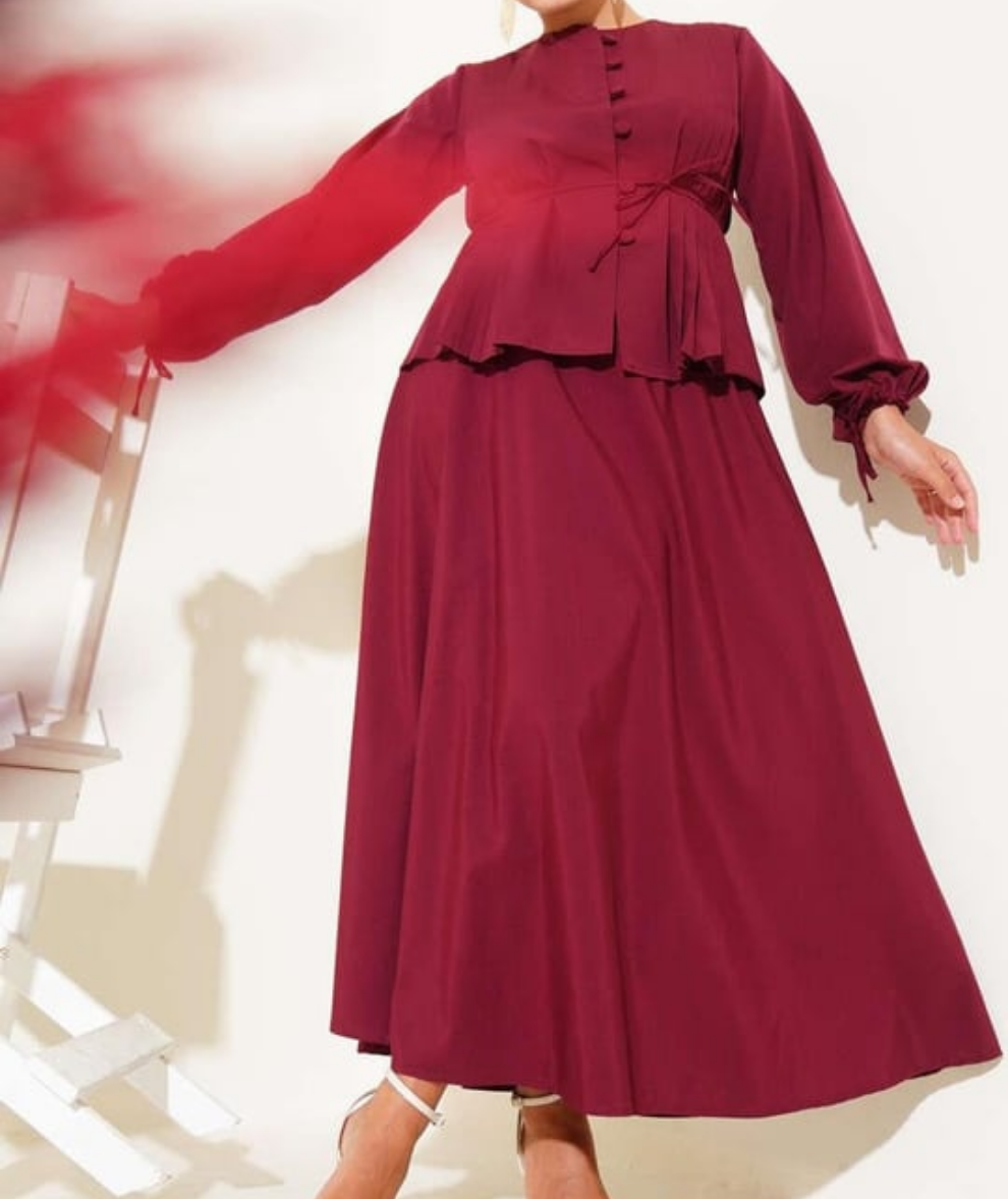 Pleated Buttoned Shirt 2pc Skirt Set - Deep Red
