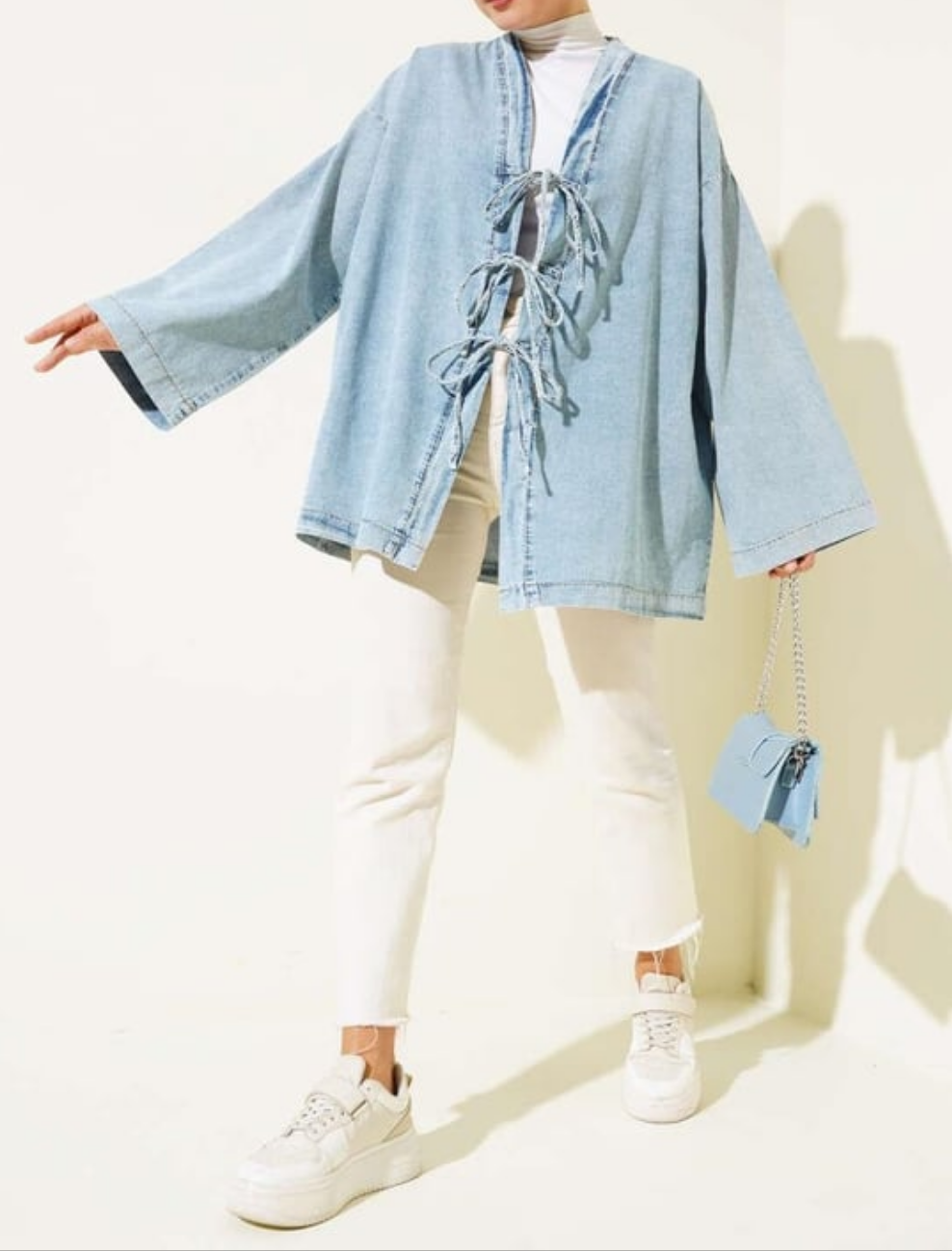 Front Tie Denim Kimono - Light