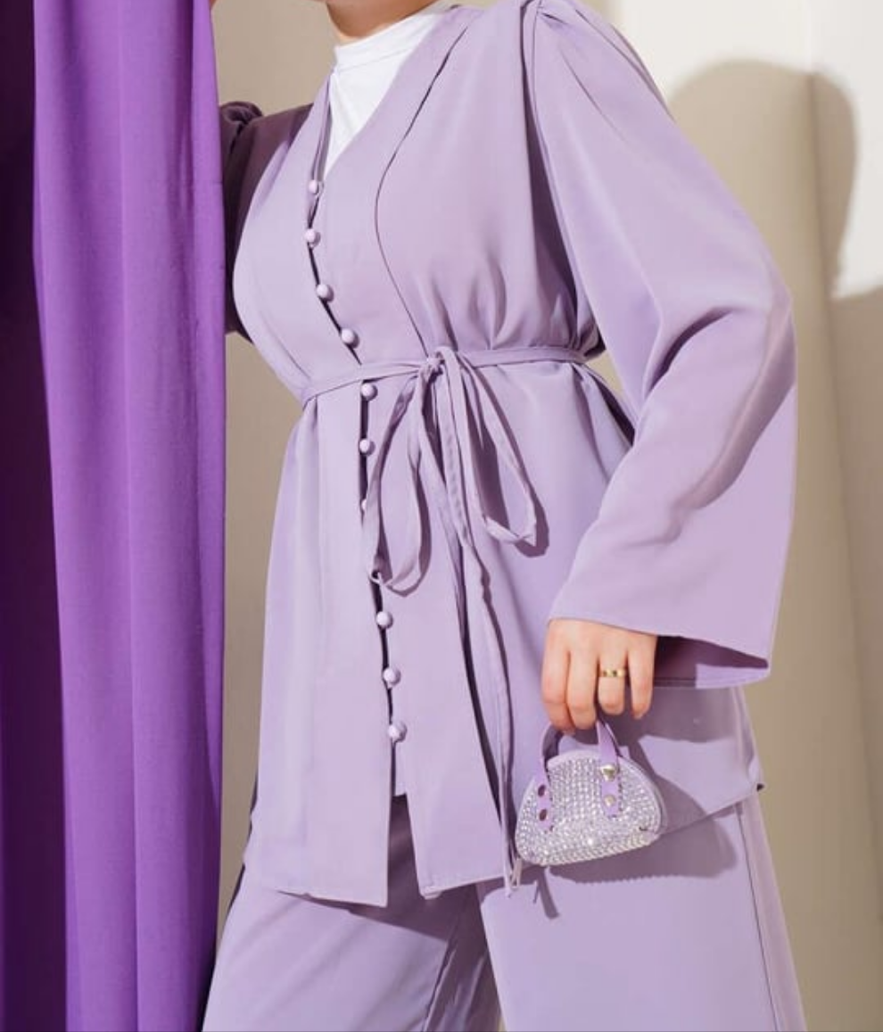 Gathered Sleeve Buttoned 2pc Set - Lavender