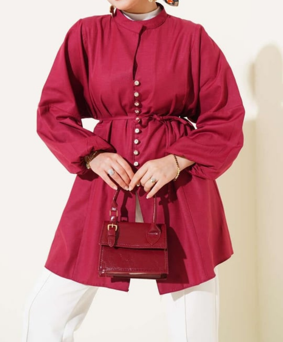 Crystal Button Shirt Tunic - Rich Red