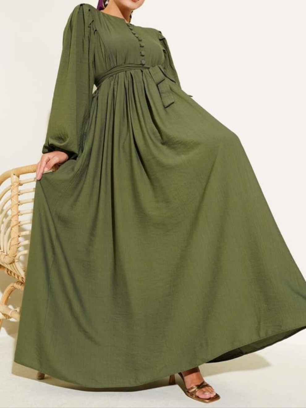 Gathered Lantern Sleeve Dress - Olive