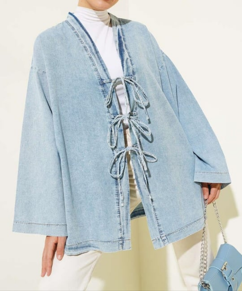 Front Tie Denim Kimono - Light