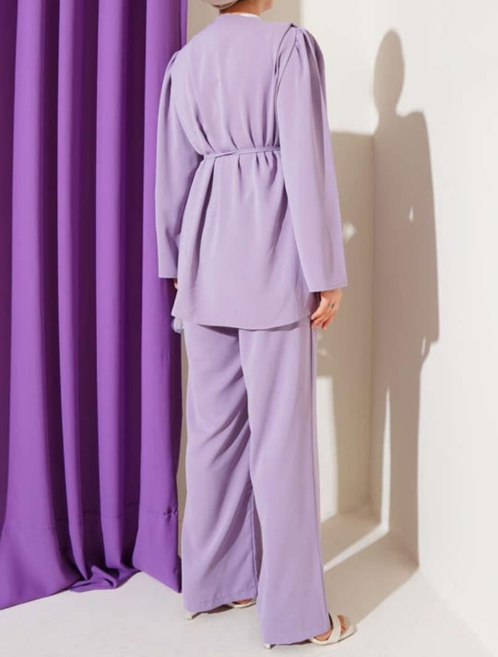 Gathered Sleeve Buttoned 2pc Set - Lavender