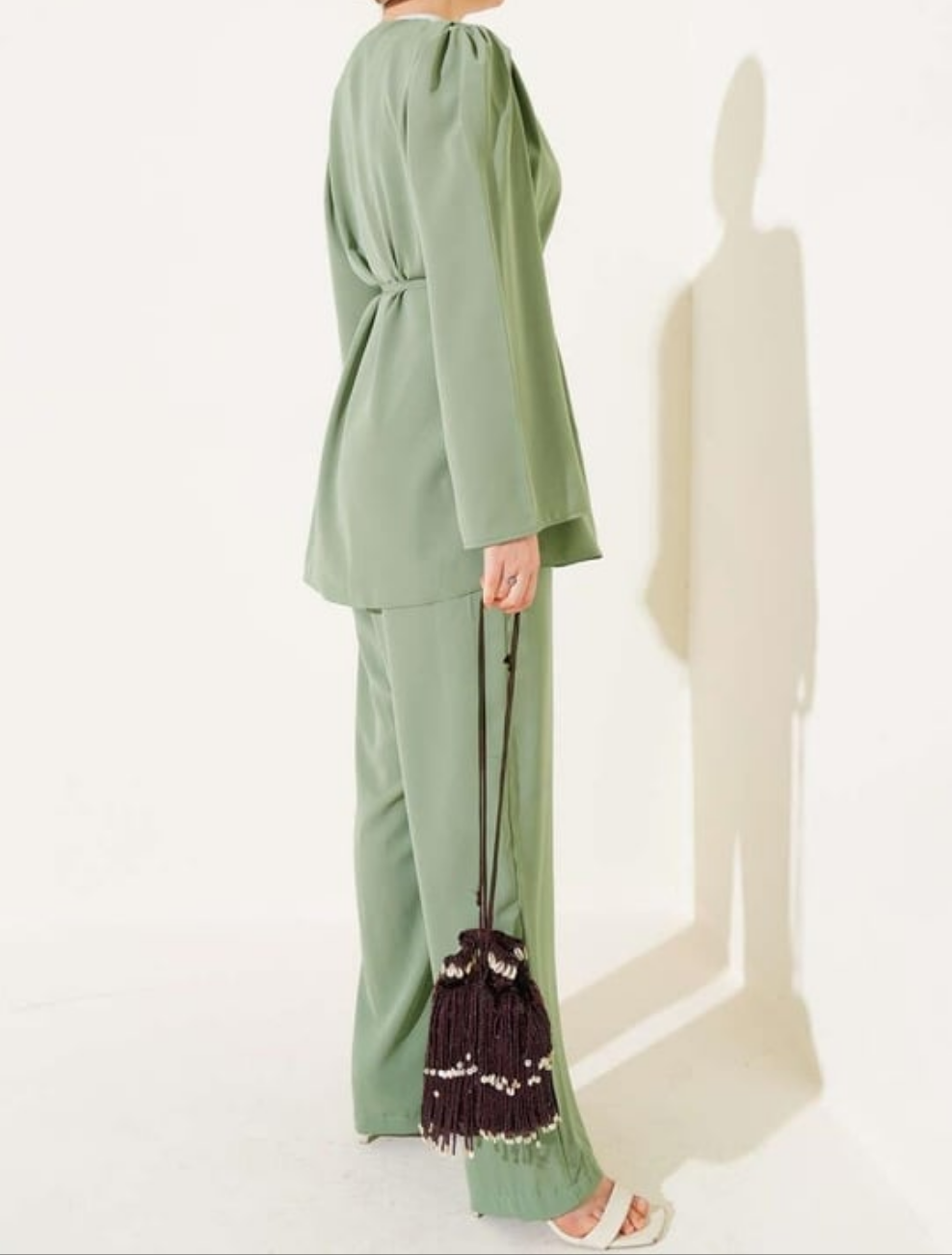 Gathered Sleeve Buttoned 2pc Set - Pistachio