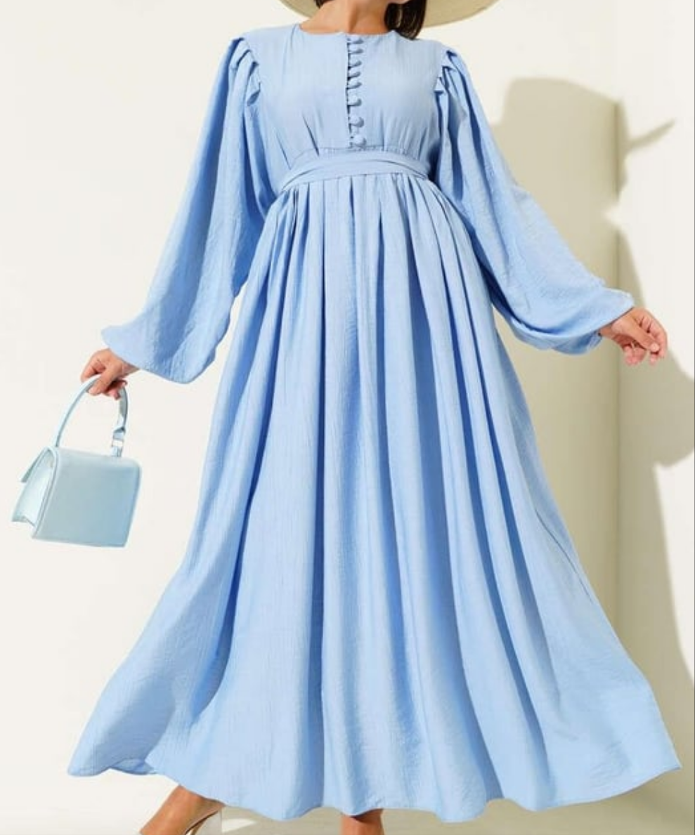 Gathered Lantern Sleeve Dress - Sky Blue