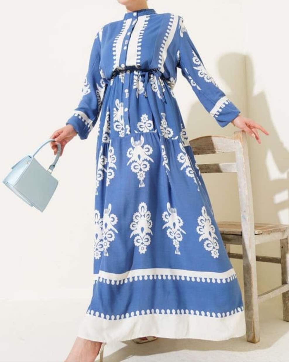 Patterned Button Down Dress - Blue