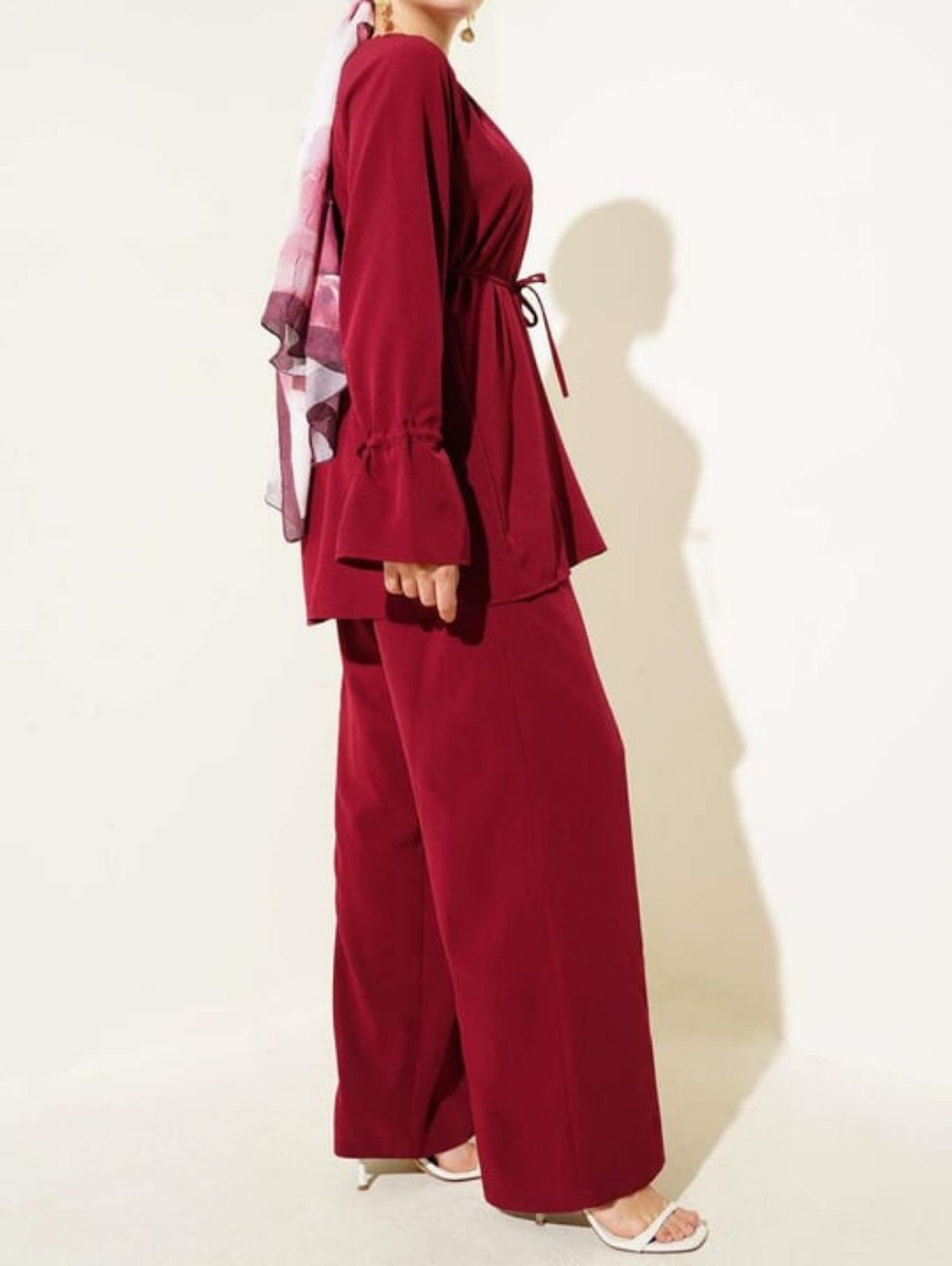Drawstring Sleeves Buttoned 2pc Set - Deep Red