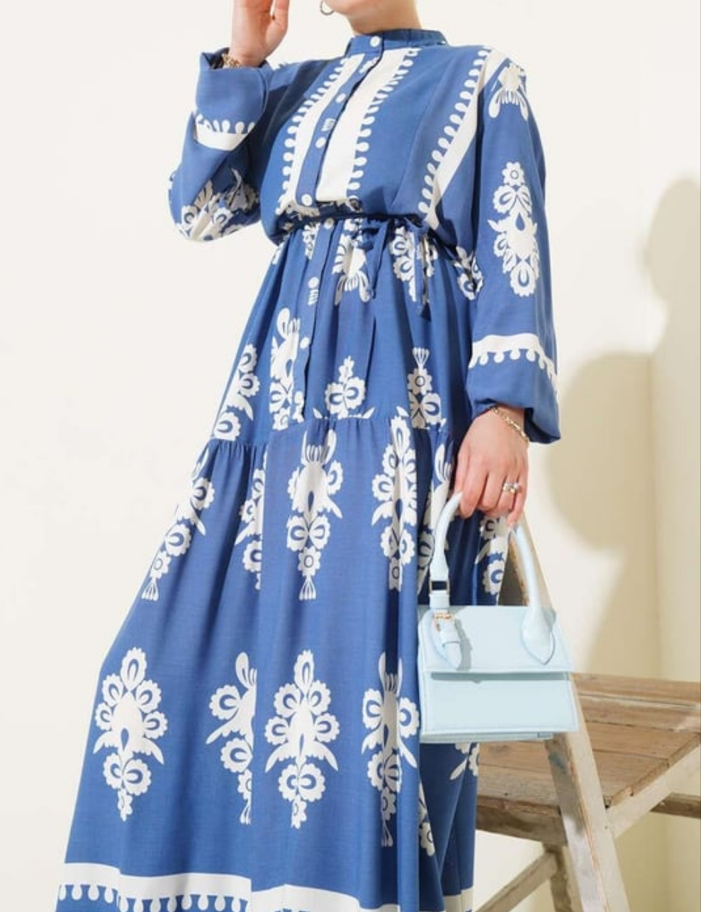 Patterned Button Down Dress - Blue