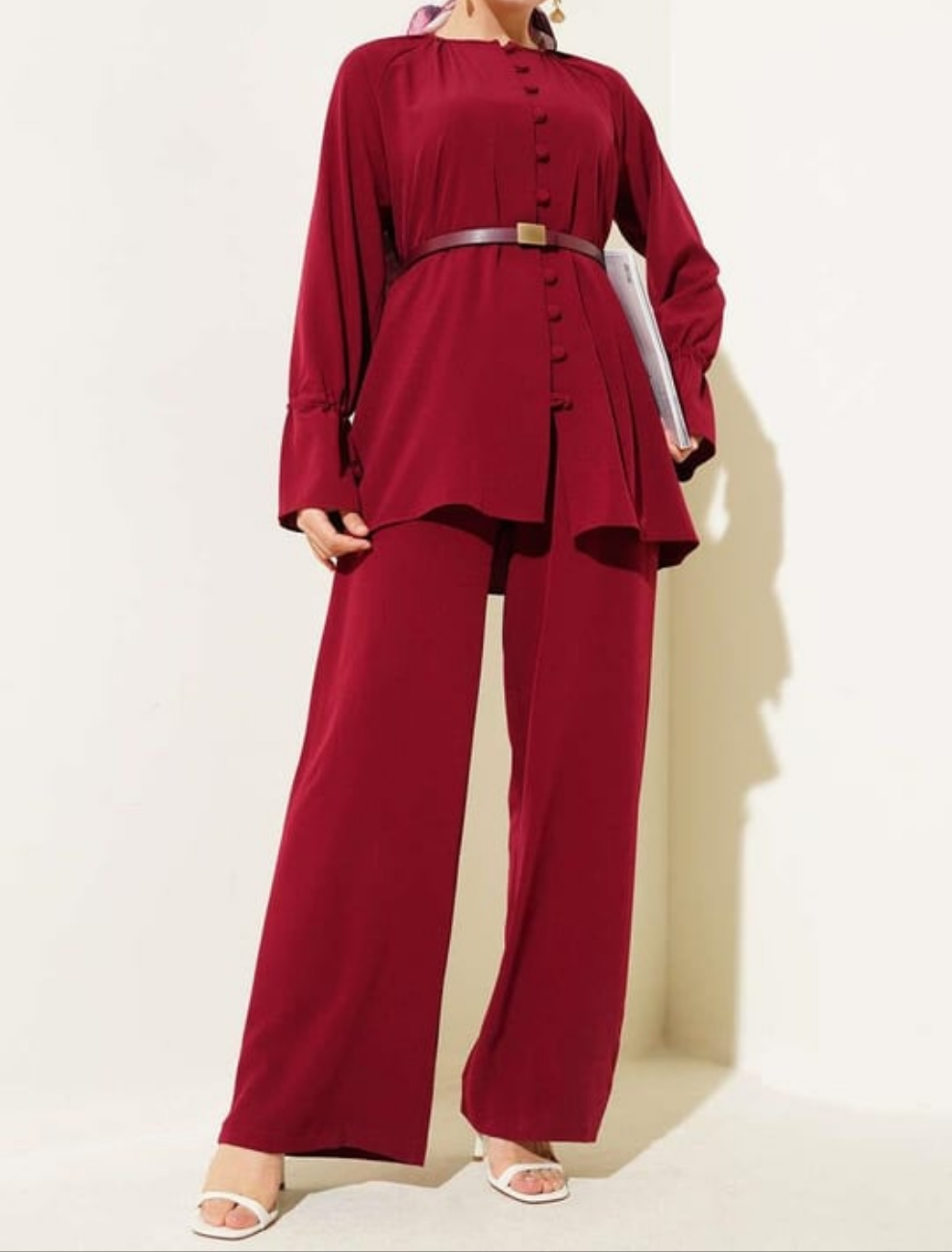 Drawstring Sleeves Buttoned 2pc Set - Deep Red