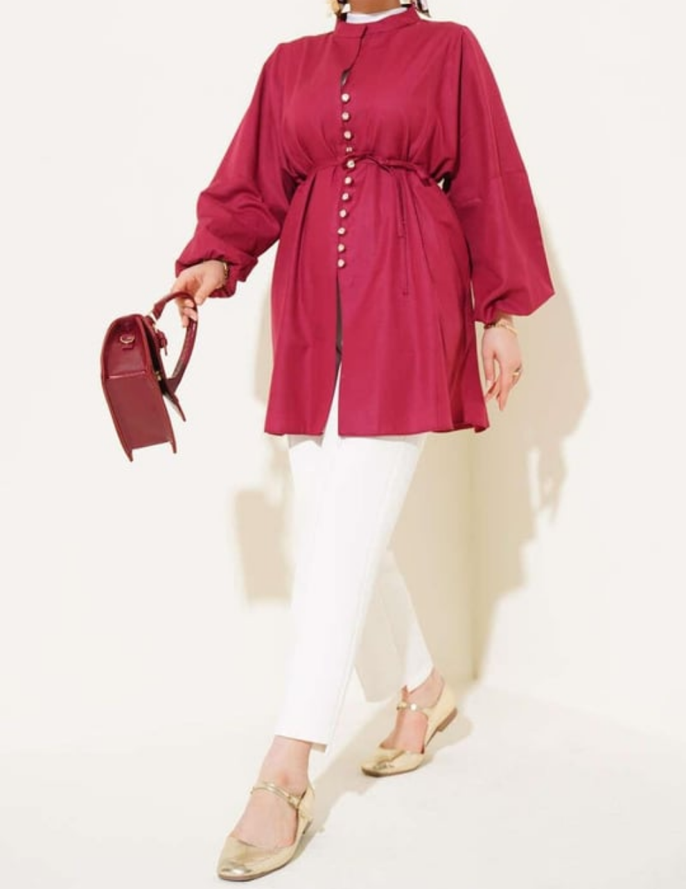 Crystal Button Shirt Tunic - Rich Red