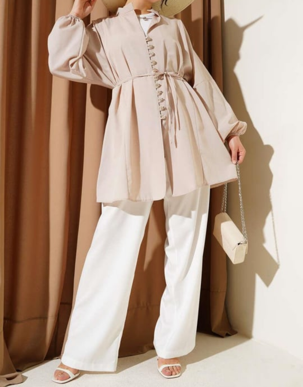 Crystal Button Shirt Tunic - Beige