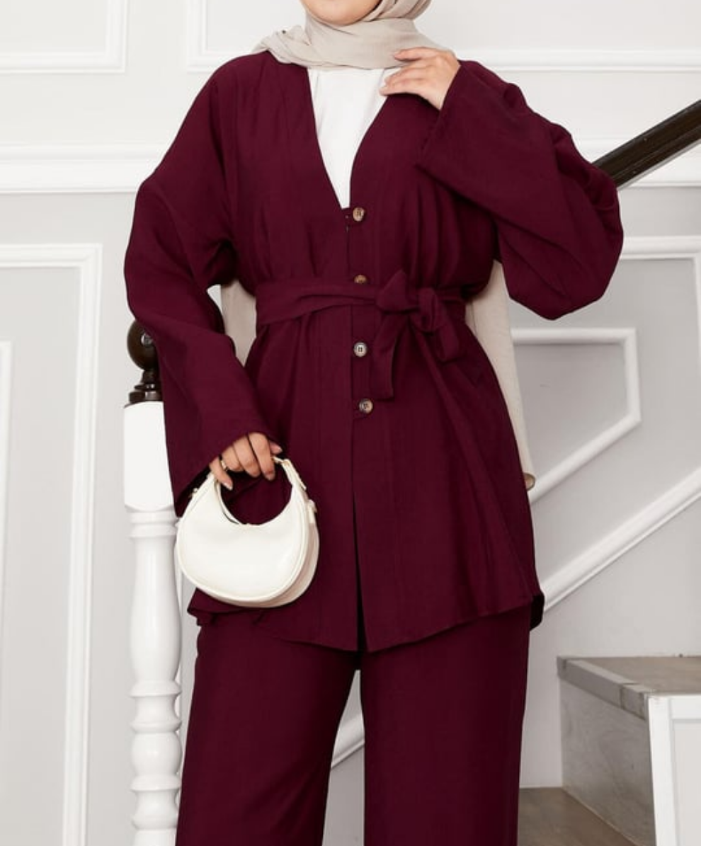 Drop Shoulder Button Kimono 2pc Set - Maroon