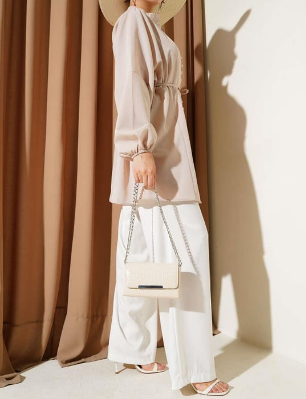 Crystal Button Shirt Tunic - Beige