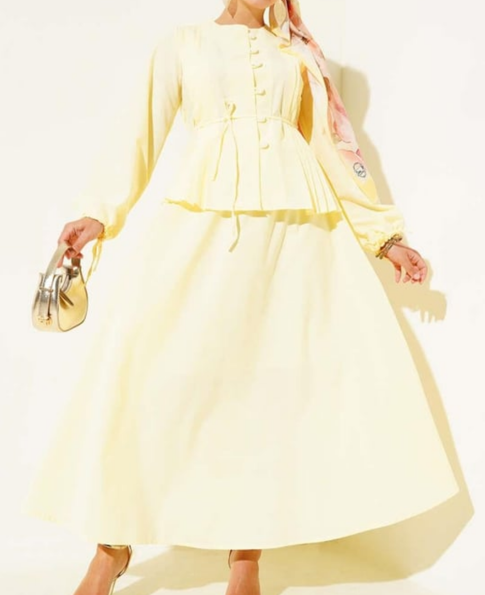 Pleated Buttoned Shirt 2pc Skirt Set - Yellow
