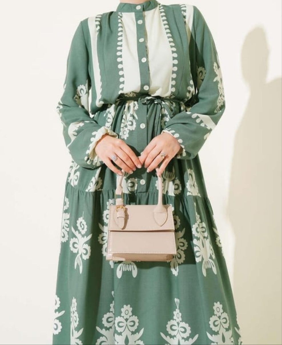 Patterned Button Down Dress - Green