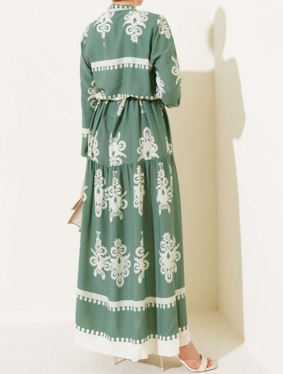 Patterned Button Down Dress - Green