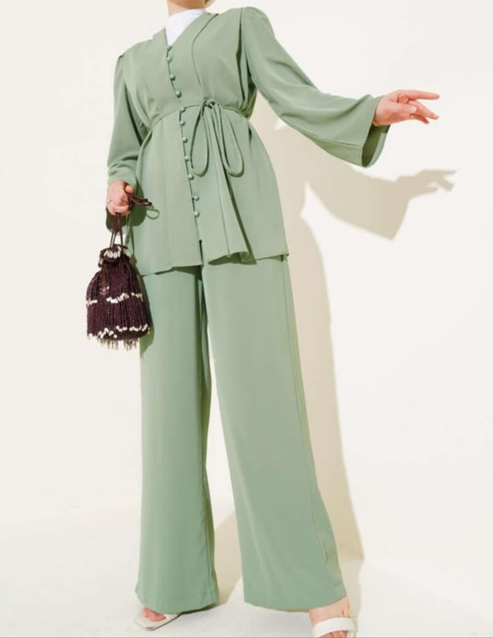 Gathered Sleeve Buttoned 2pc Set - Pistachio