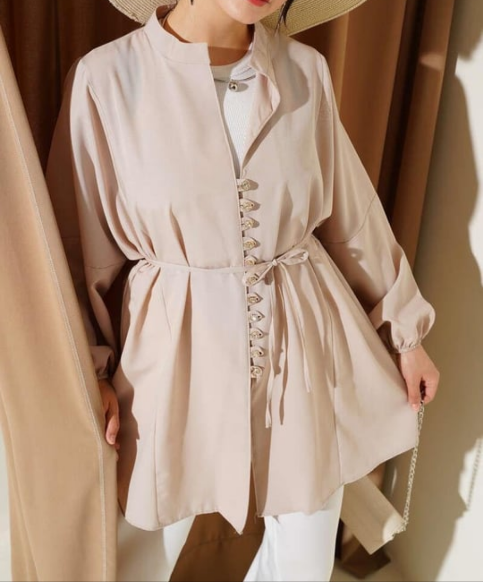 Crystal Button Shirt Tunic - Beige