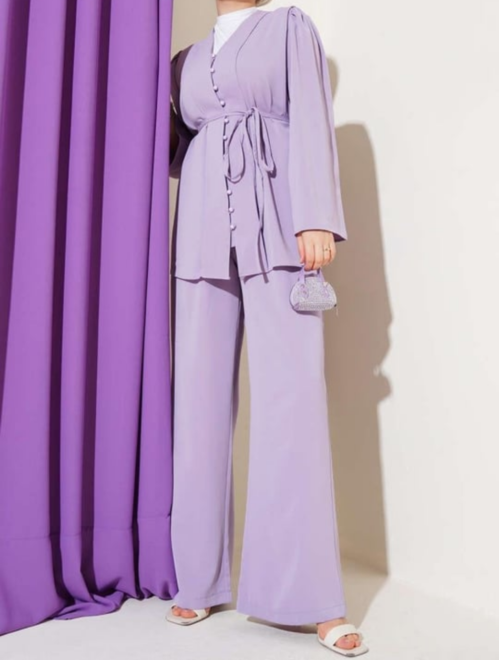 Gathered Sleeve Buttoned 2pc Set - Lavender
