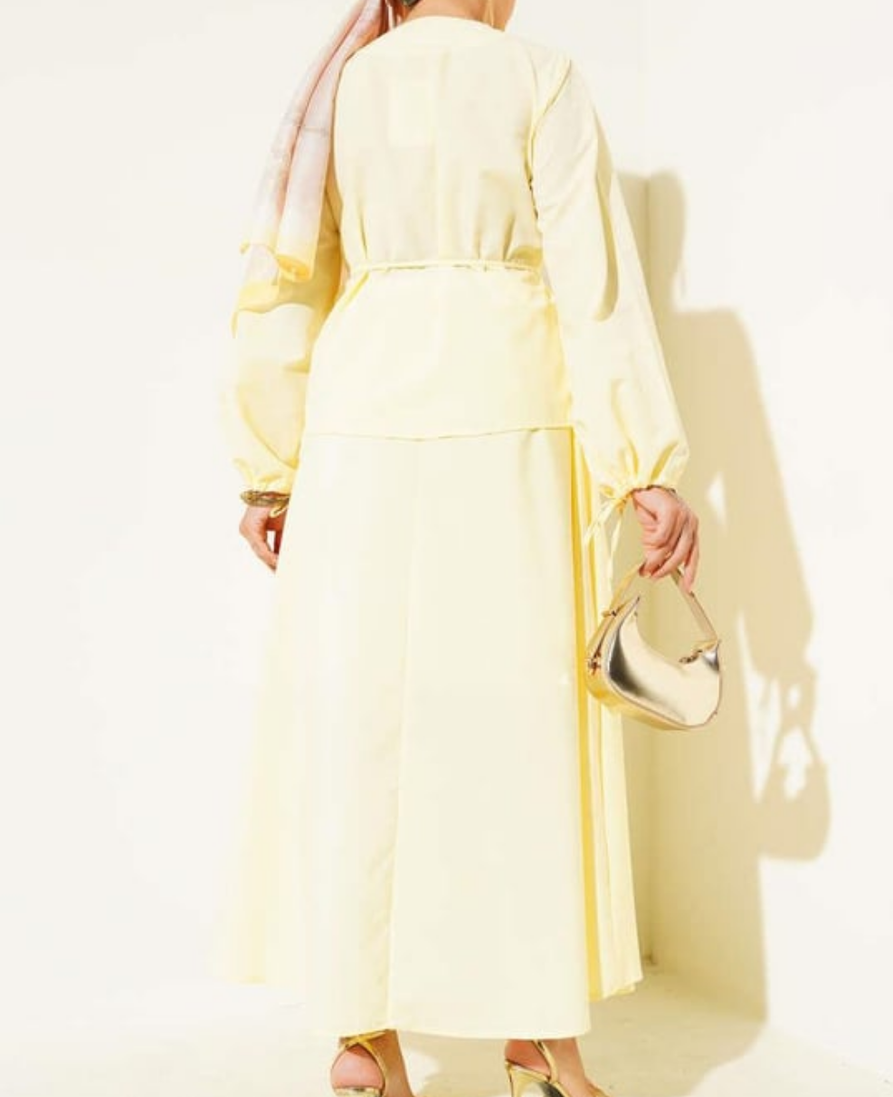 Pleated Buttoned Shirt 2pc Skirt Set - Yellow