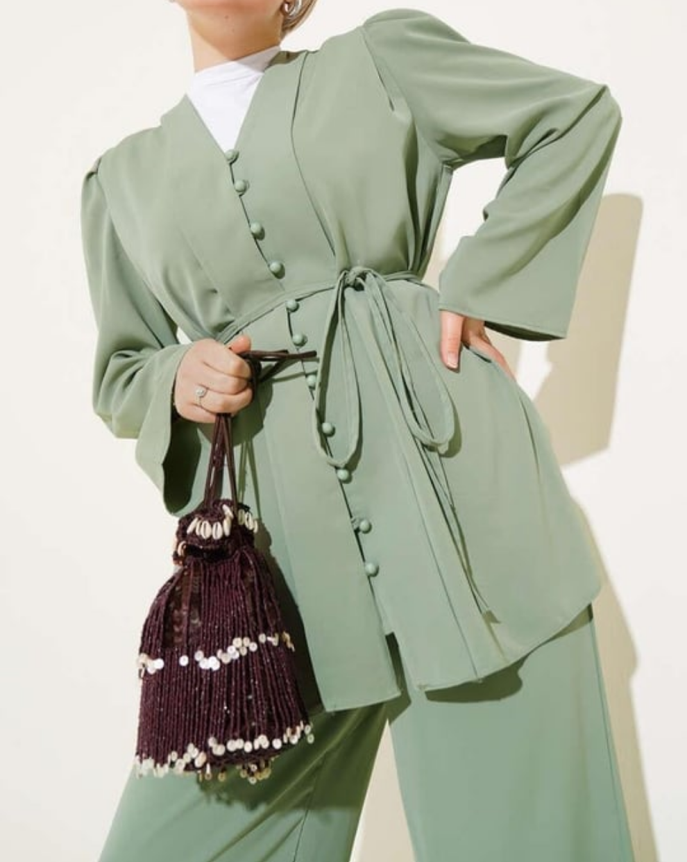 Gathered Sleeve Buttoned 2pc Set - Pistachio