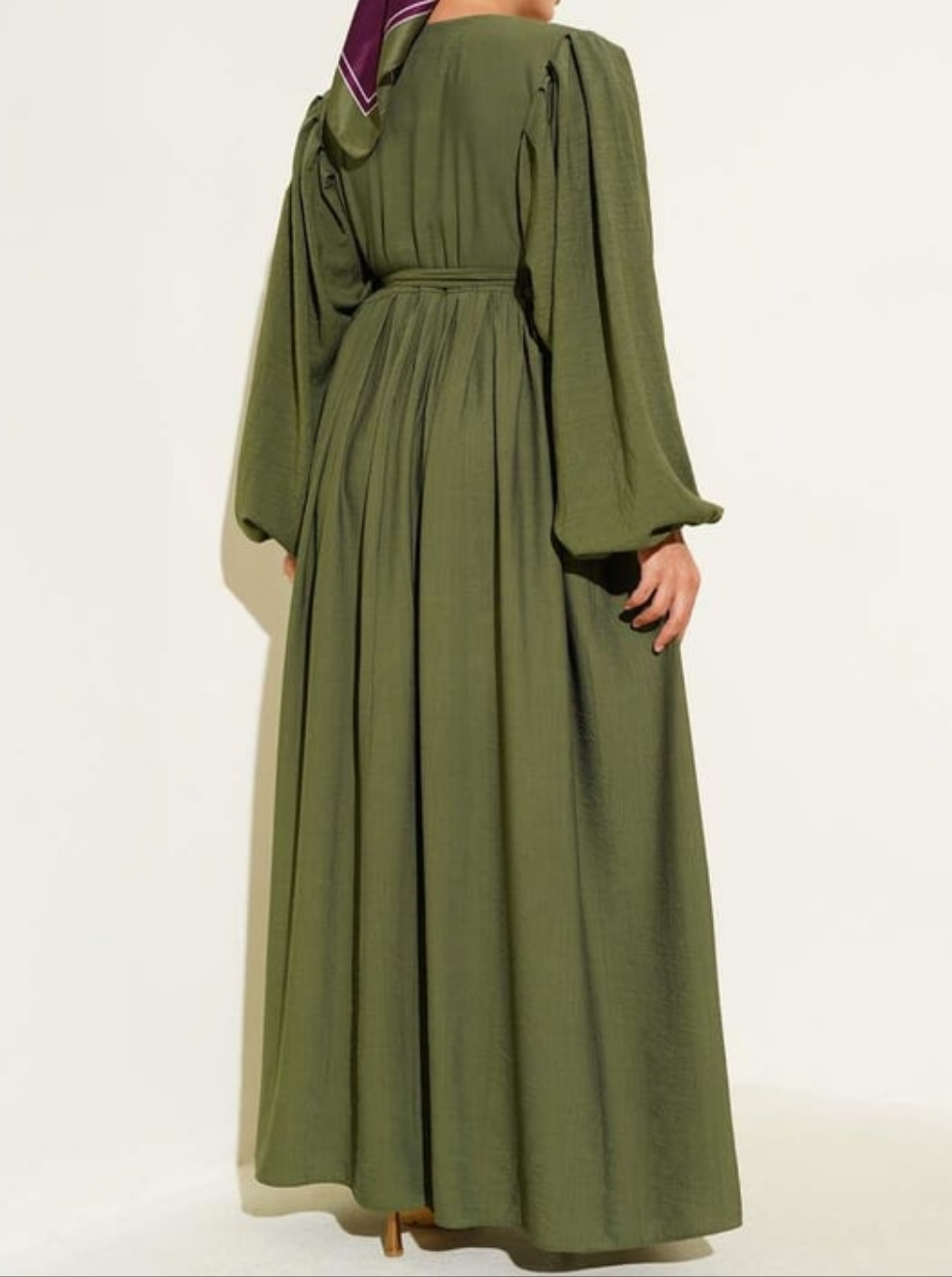 Gathered Lantern Sleeve Dress - Olive