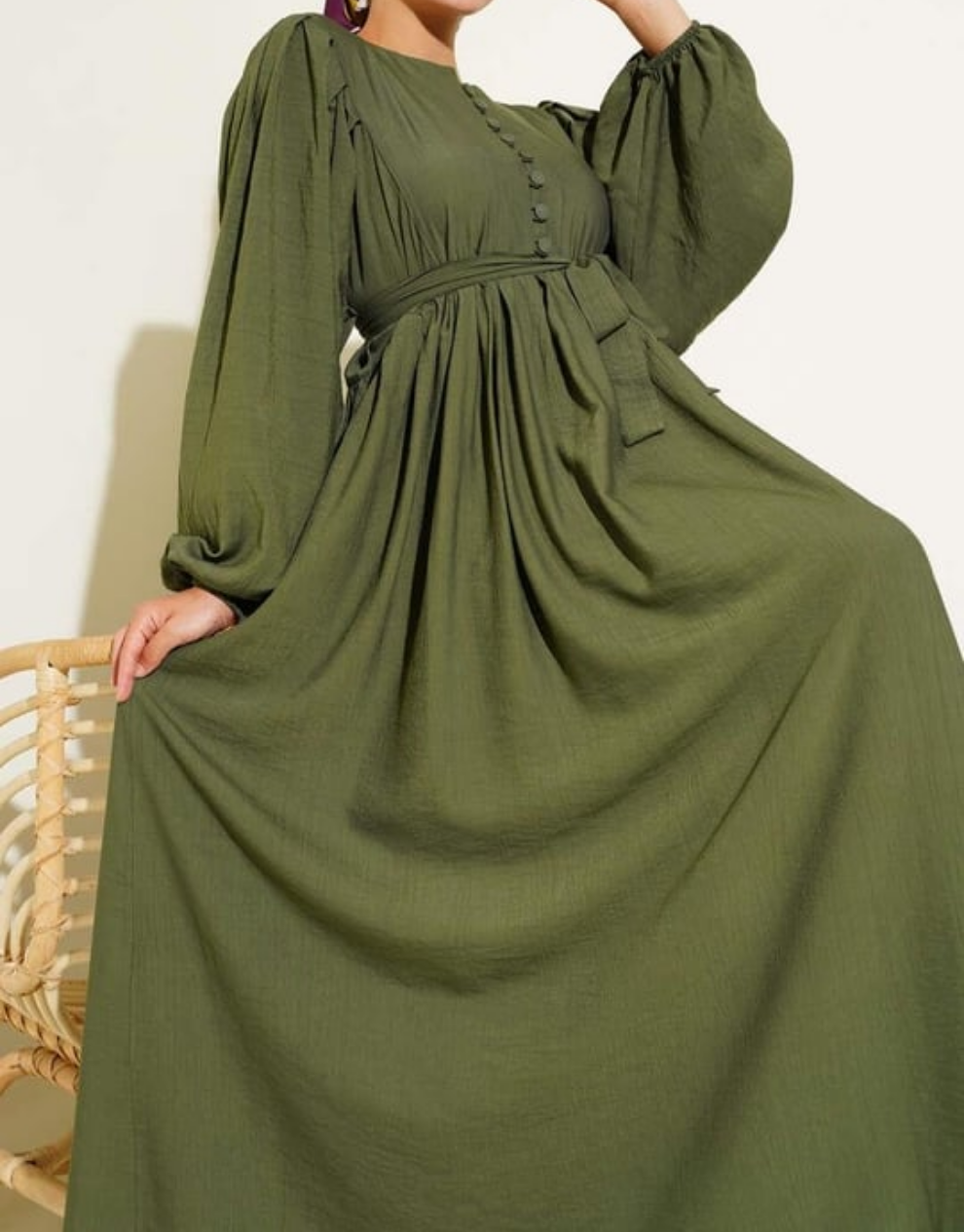 Gathered Lantern Sleeve Dress - Olive