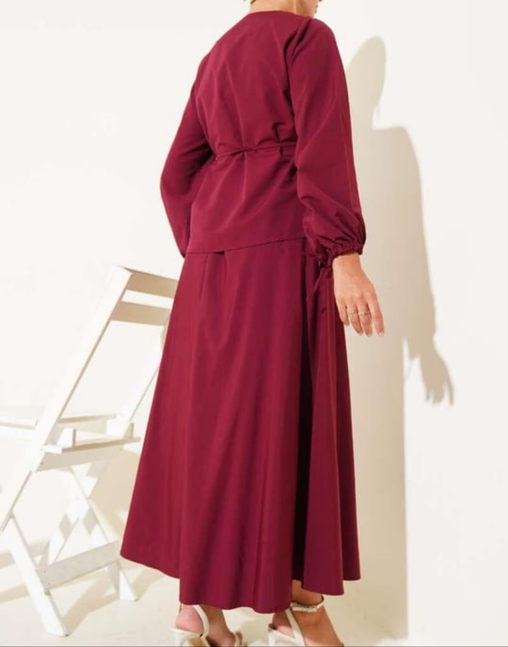 Pleated Buttoned Shirt 2pc Skirt Set - Deep Red