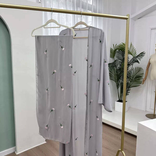 Floral Embroidered Chiffon Abaya with Matching Hijab - Gray