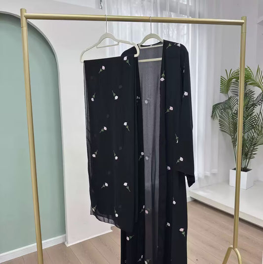 Floral Embroidered Chiffon Abaya with Matching Hijab - Black