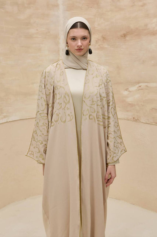 Gold Arabic Calligraphy Open Abaya