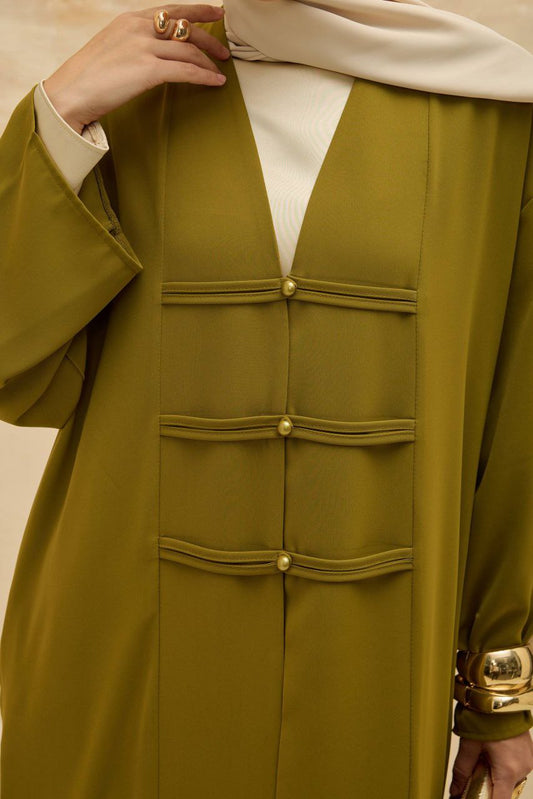 Fancy Elegant Open Abaya - Mustard Green
