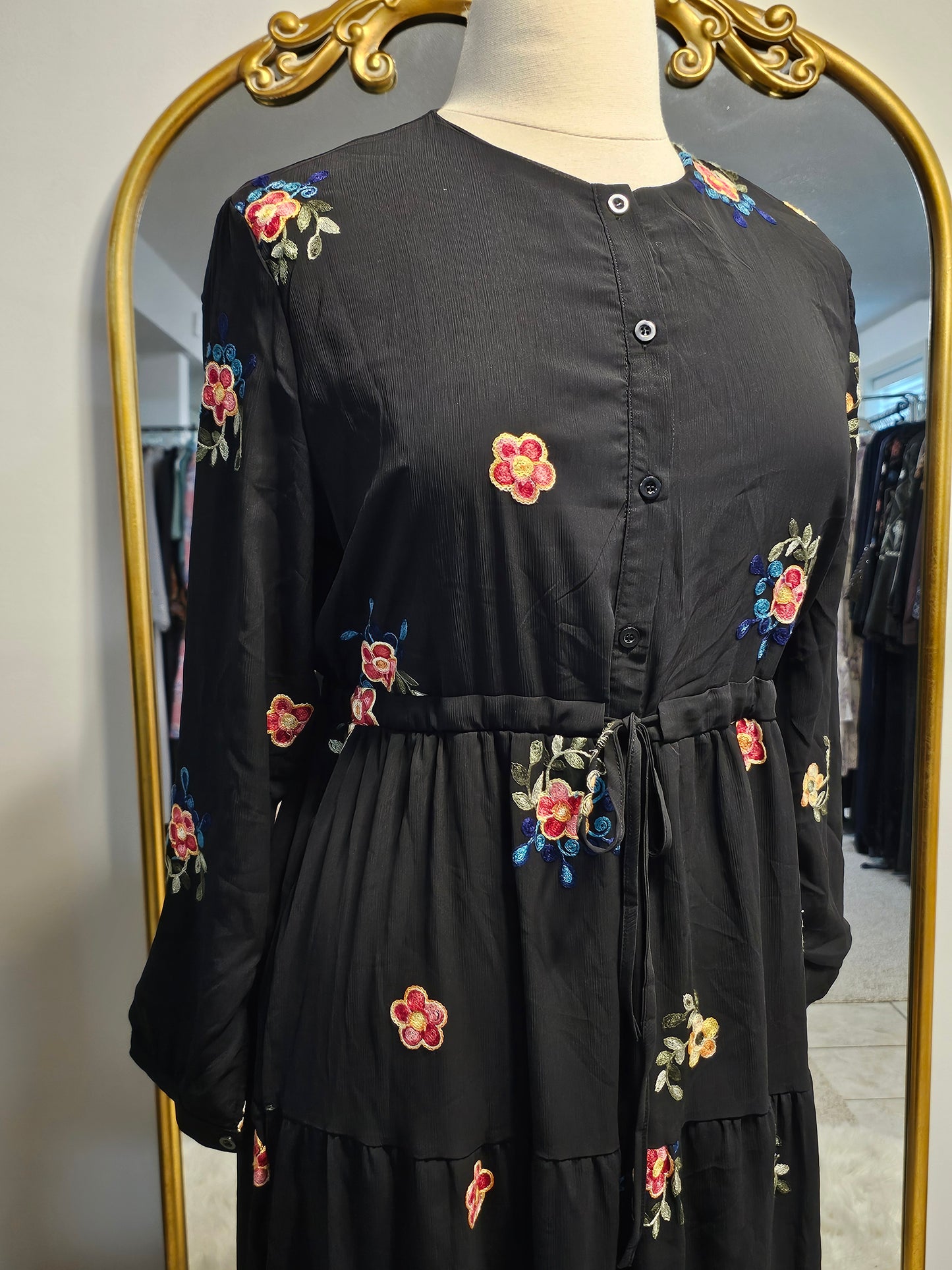 Floral Embroidered Chiffon Dress - Black