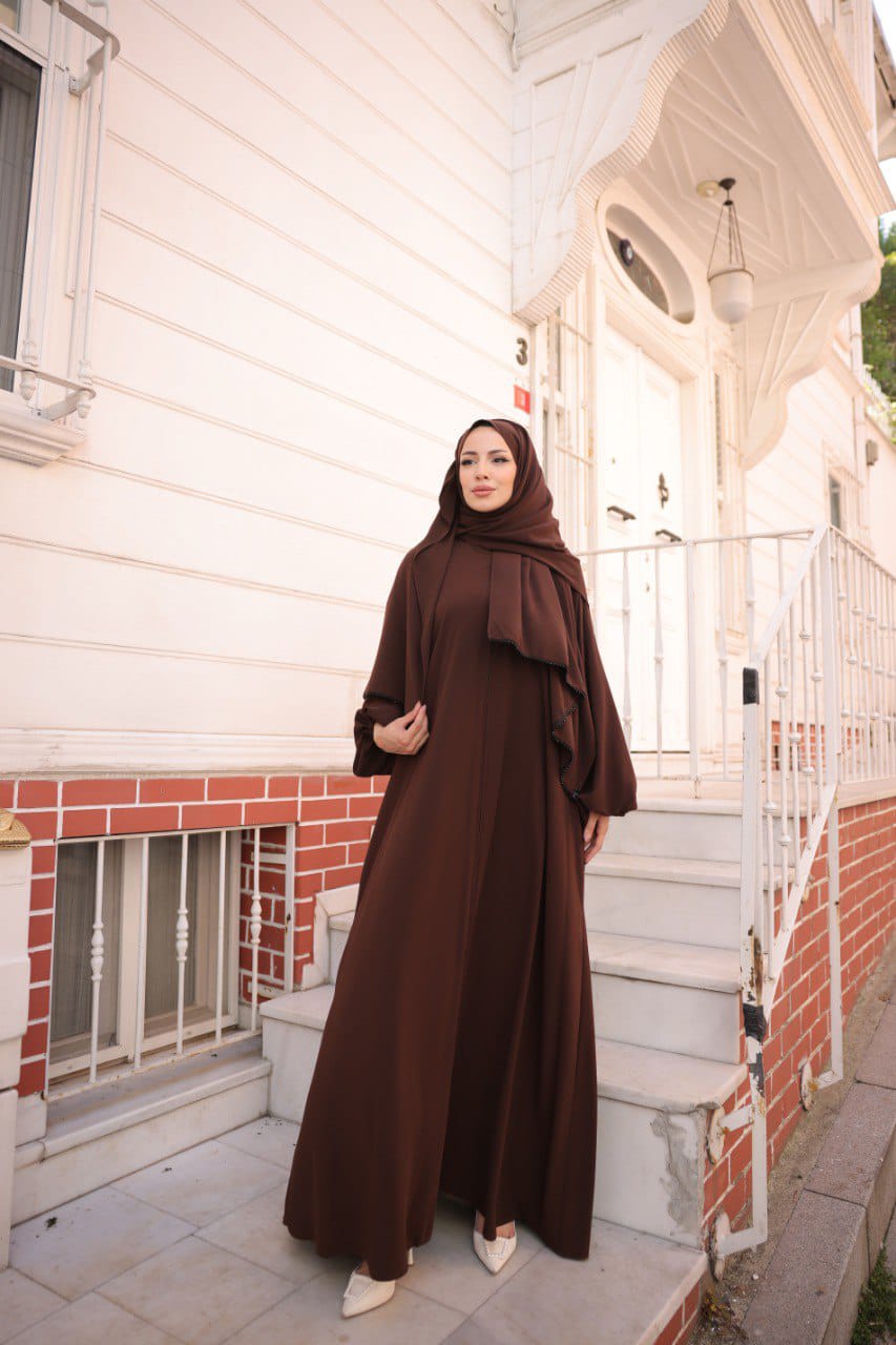 Madina Silk Abaya with Attached Matching Hijab - Brown