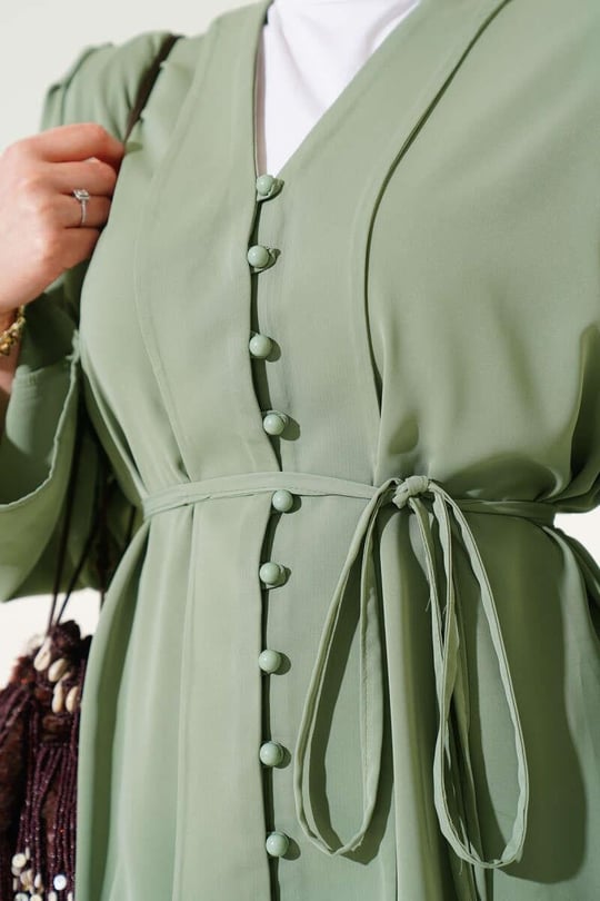 Gathered Sleeve Buttoned 2pc Set - Pistachio