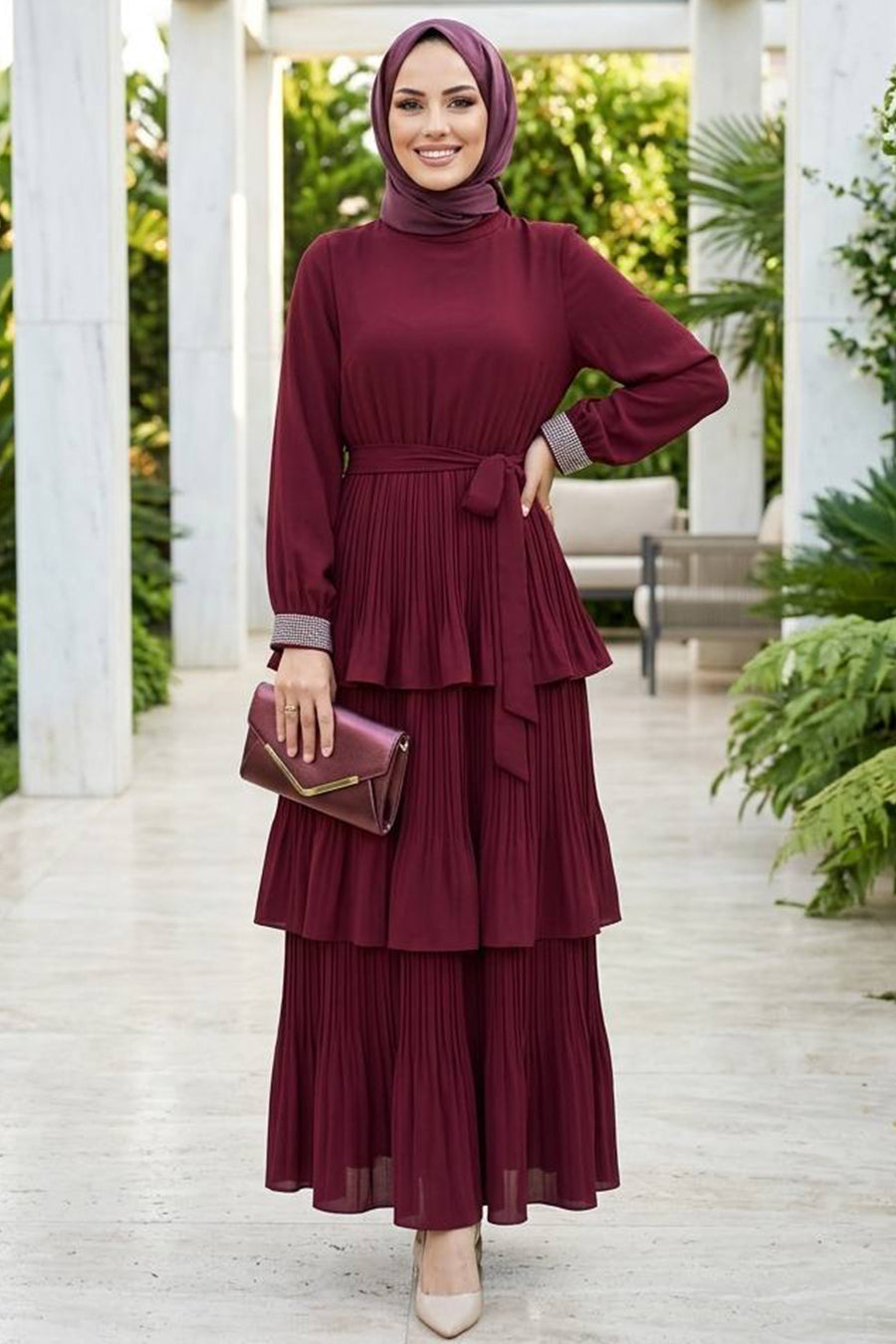 Pleated Maxi Dress with Sparkle Sleeves - Maroon