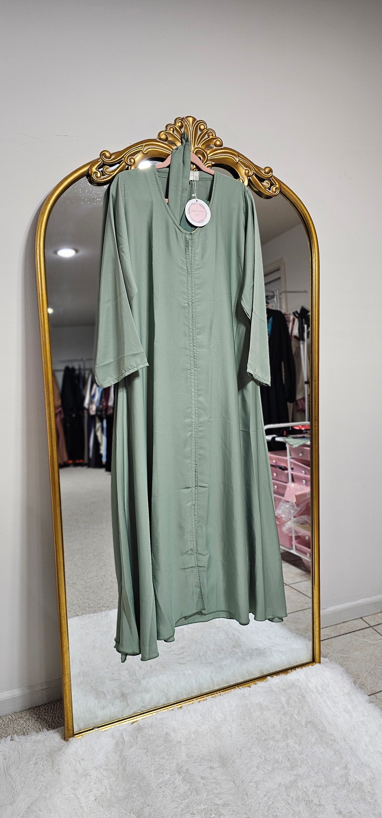 Snap Button Open Abaya With Matching Hijab - Mint