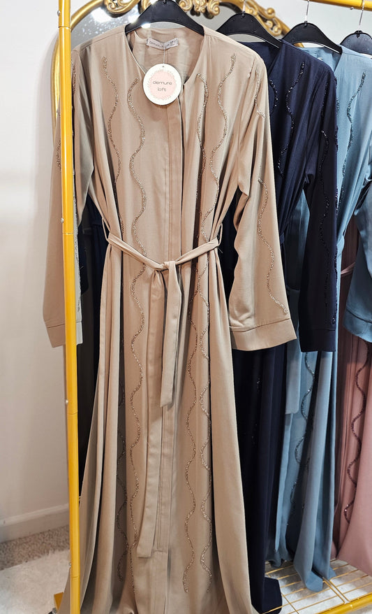 Wavy Crystal Abaya - Happy Beige
