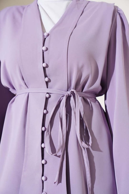Gathered Sleeve Buttoned 2pc Set - Lavender