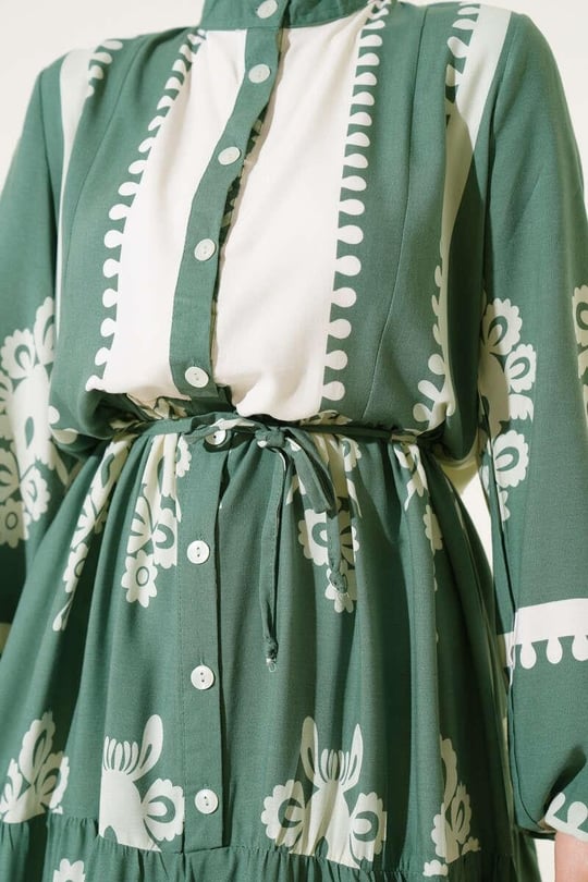 Patterned Button Down Dress - Green