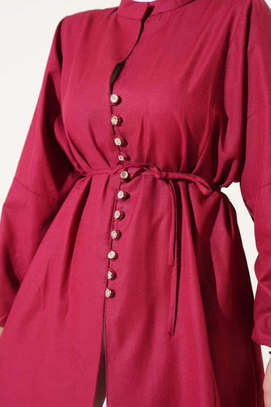 Crystal Button Shirt Tunic - Rich Red