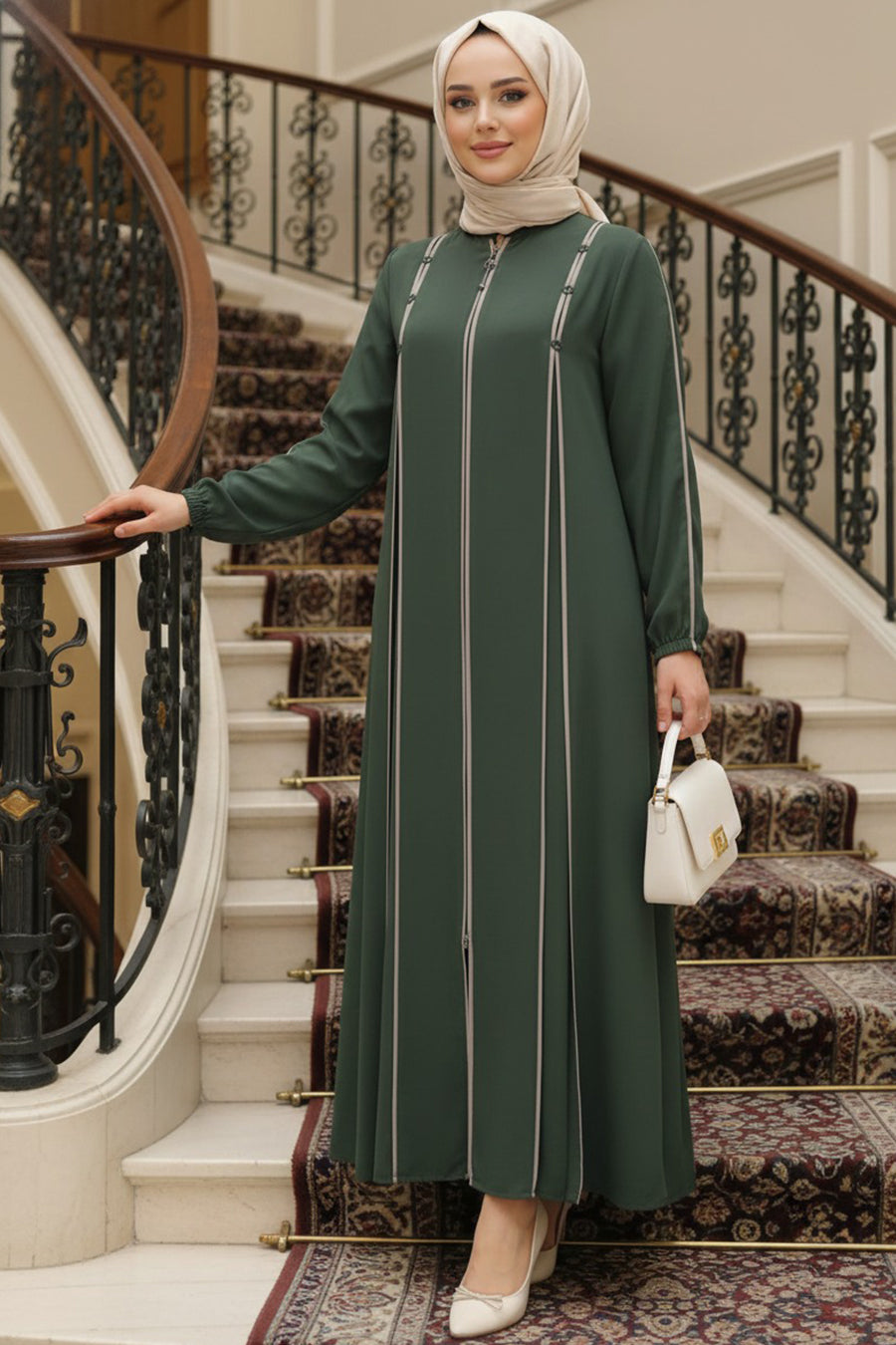 Button Contrast Lines Flowy Abaya - Green